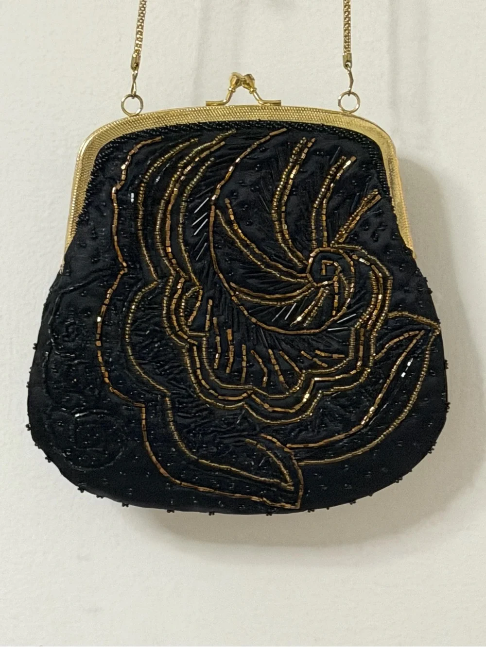 La Regale Dead stock Black Beaded Evening Clutch with Gold Accents new